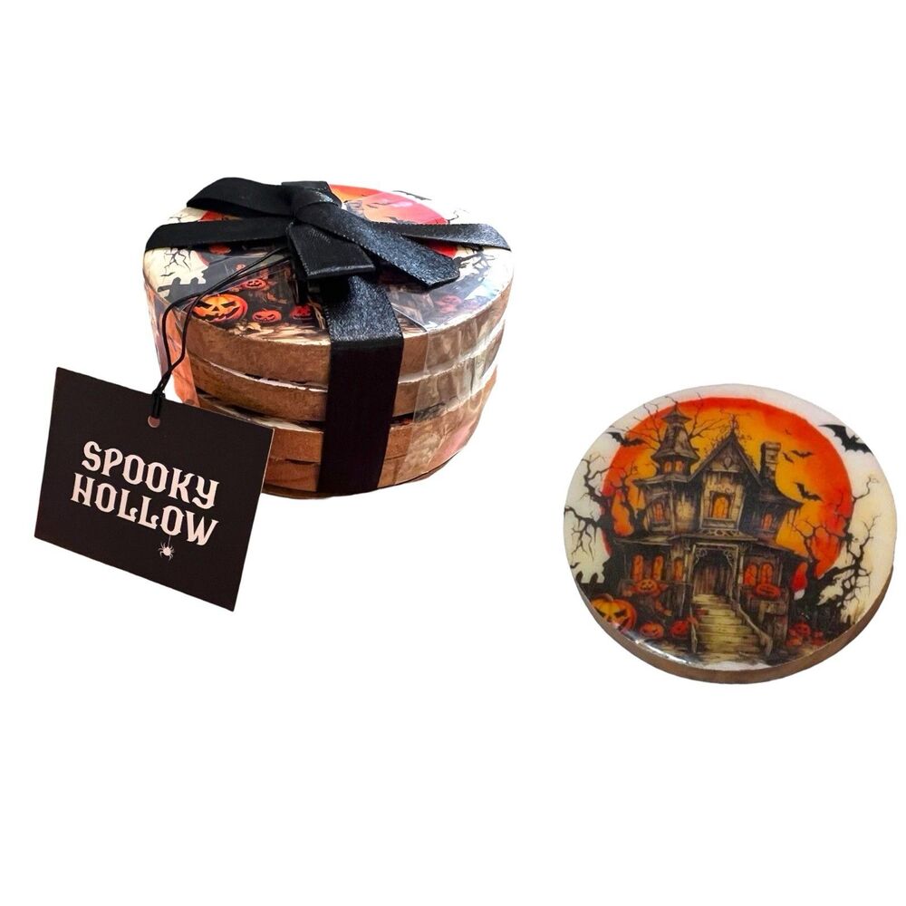 Spooky Hollow Set Of 4 Halloween Haunted House Wood Coasters New With Tag